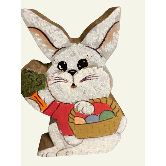 Handcrafted Wooden Easter Bunny Figures With Painted Details and Basket Design - Picture 4 of 9